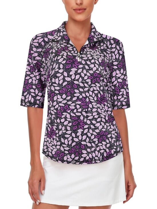 Tops - Women Black Purple Leaf Golf Polo Quick Dry Half Sleeve 1/4 Zip Tennis Top M-3XL
